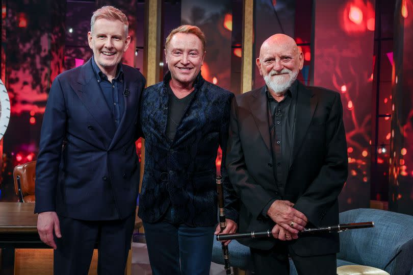 Late Late Show host Patrick Kielty pictured with Michael Flatley and Matt Molloy ahead of the final Late Late Show of the current season