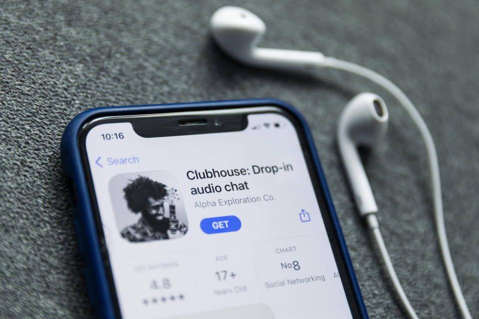 Clubhouse Drop-in audio chat app logo on the App Store is seen displayed on a phone screen in this illustration photo taken in Poland on February 3, 2021.  (Photo illustration by Jakub Porzycki/NurPhoto via Getty Images)