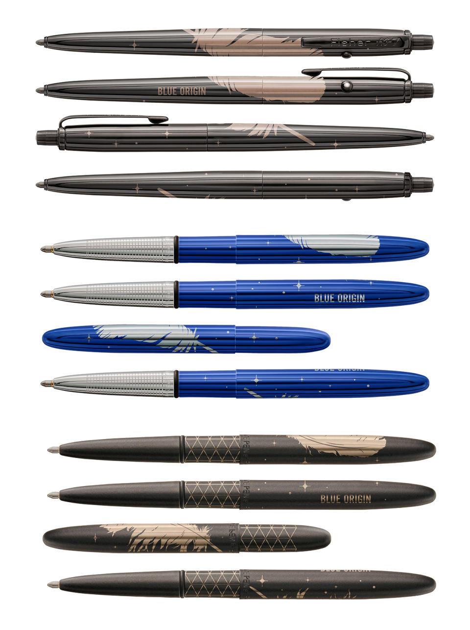 12 pens — four of them blue and the others gray — sit against a white background.