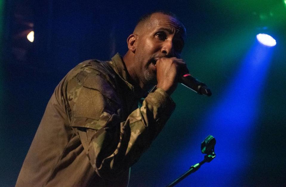 New Orleans rapper Mac, whose real name is McKinley Phipps, performs at the House of Blues in New Orleans’ French Quarter on Friday, July 21, 2023. Phipps’ lyrics were used against him in his 2001 murder case. He was convicted of manslaughter in a 10-2 verdict and was paroled in 2021.