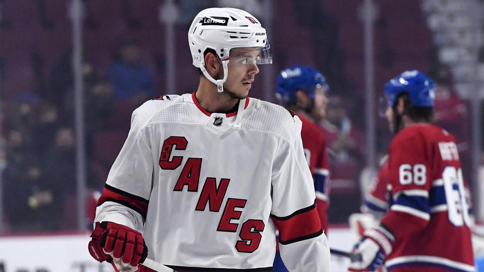 Carolina Hurricanes forward Jesperi Kotkaniemi (82) was not welcomed back to Montreal with open arms. (Eric Bolte-USA TODAY Sports)