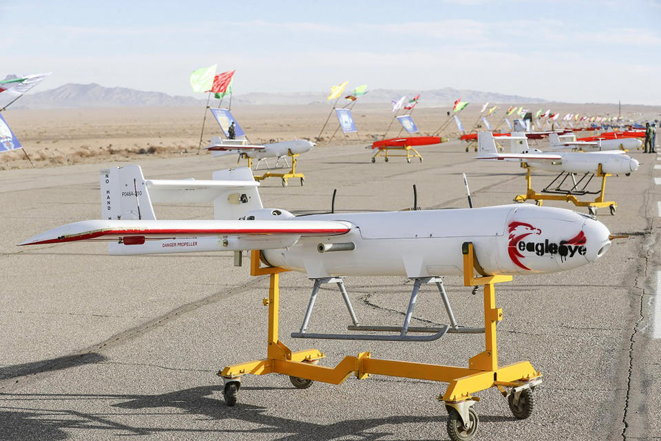 In this undated photo released on Tuesday, Jan. 5, 2021, by Iranian Army, drones are displayed prior to a drill, Iran. The Iranian military on Tuesday began a wide-ranging, two-day aerial drill in the country's north, state media reported, featuring combat and surveillance unmanned aircraft, as well as naval drones dispatched from vessels in Iran's southern waters. (Iranian Army via AP)