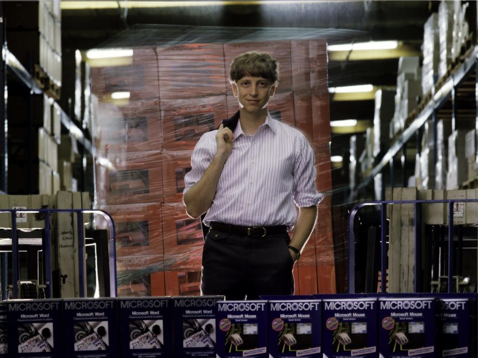 Microsoft co-founder Bill Gates poses in front of Microsoft products on the company's campus in Redmond, Washington.