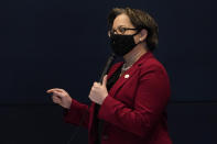 Virginia State Sen. Jennifer McClellan, D-Richmond, gestures during debate on a bill calling for the removal of the statue of former Senator Harry F. Byrd Sr. from Capitol Square during the Senate session at the Science Museum of Virginia in Richmond, Va., Tuesday, Feb. 23, 2021. (AP Photo/Steve Helber)