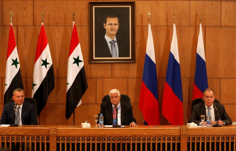 Press conference between Russian Deputy Prime Minister Yuri Borisov, Foreign Minister Sergei Lavrov, and Syria's Foreign Minister Walid Muallem