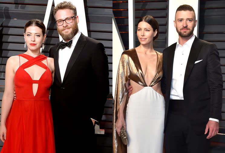 Lauren Miller Rogen and Seth Rogen; Jessica Biel and Justin Timberlake. 