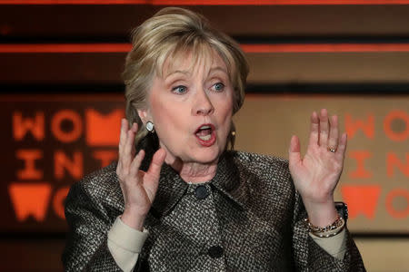 Former U.S. Secretary of State Hillary Clinton appears on stage at the Women in the World Summit in the Manhattan borough of New York, U.S. April 6, 2017. REUTERS/Shannon Stapleton