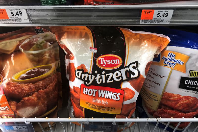 FILE PHOTO: Tyson Foods brand frozen chicken wings are pictured in a grocery store freezer in the Manhattan borough of New York City