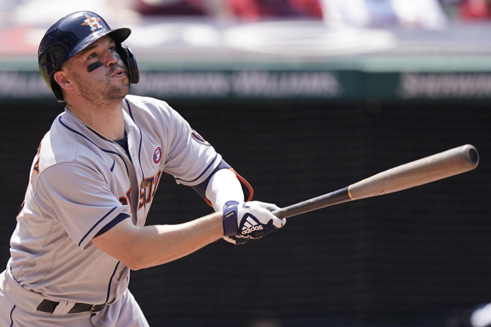 Houston Astros' Chas McCormick watches his two run home run in the sixth inning of a baseball game against the Cleveland Indians, Sunday, July 4, 2021, in Cleveland. (AP Photo/Tony Dejak)