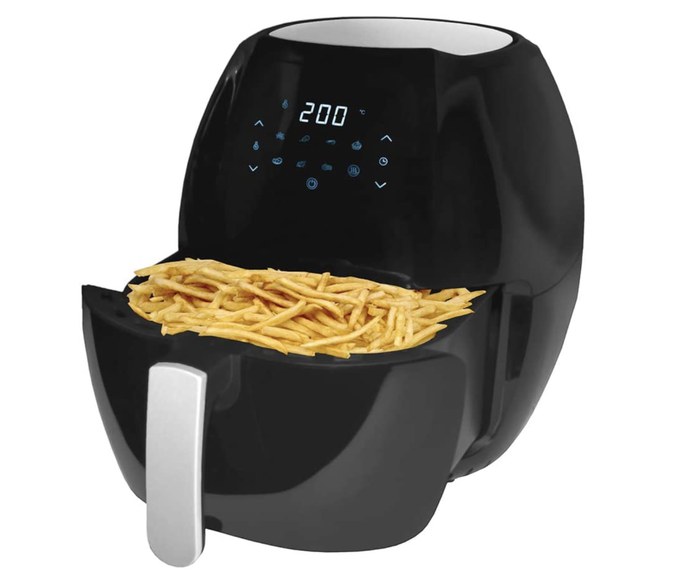 The black Healthy Choice Digital Air Fryer with chips in bucket