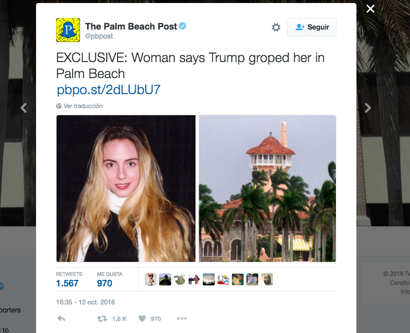 Mindy McGillivray. El periódico The Palm Beach Post también ha publicado el testimonio de la asistente de un fotógrafo que trabajaba en el hotel Mar-a-Lago, perteneciente al magnate. McGillivray denunció que durante un concierto de Ray Charles en el hotel, en 2003, Trump, que estaba con su entonces prometida y actual mujer, Melania, la toqueteó detrás del escenario. “Con el espectáculo ya terminado, Ray estaba listo para salir. Él se estaba despidiendo de todo el mundo”, relata McGillivray. “De repente sentí un agarrón, un pequeño empujón. Mi primer instinto fue pensar que fue la bolsa de la cámara de Ken. Me doy la vuelta y Donald estaba allí. El desvió la mirada rápidamente. Me di la vuelta, mirando a Ray Charles, completamente anonadada”. 