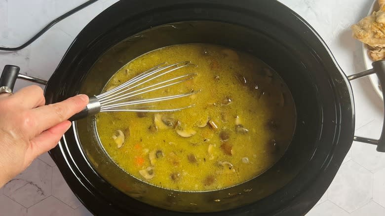 Chicken fricassee in slow cooker with beurre manié whisked in