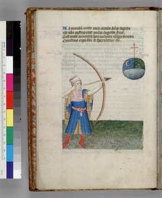 <span class="caption">John Gower depicted as an archer in Vox Clamantis.</span> <span class="attribution"><a class="link " href="https://dpg.lib.berkeley.edu/webdb/dsheh/heh_brf?Description=&CallNumber=HM+150" rel="nofollow noopener" target="_blank" data-ylk="slk:Berkley;elm:context_link;itc:0;sec:content-canvas">Berkley</a></span>