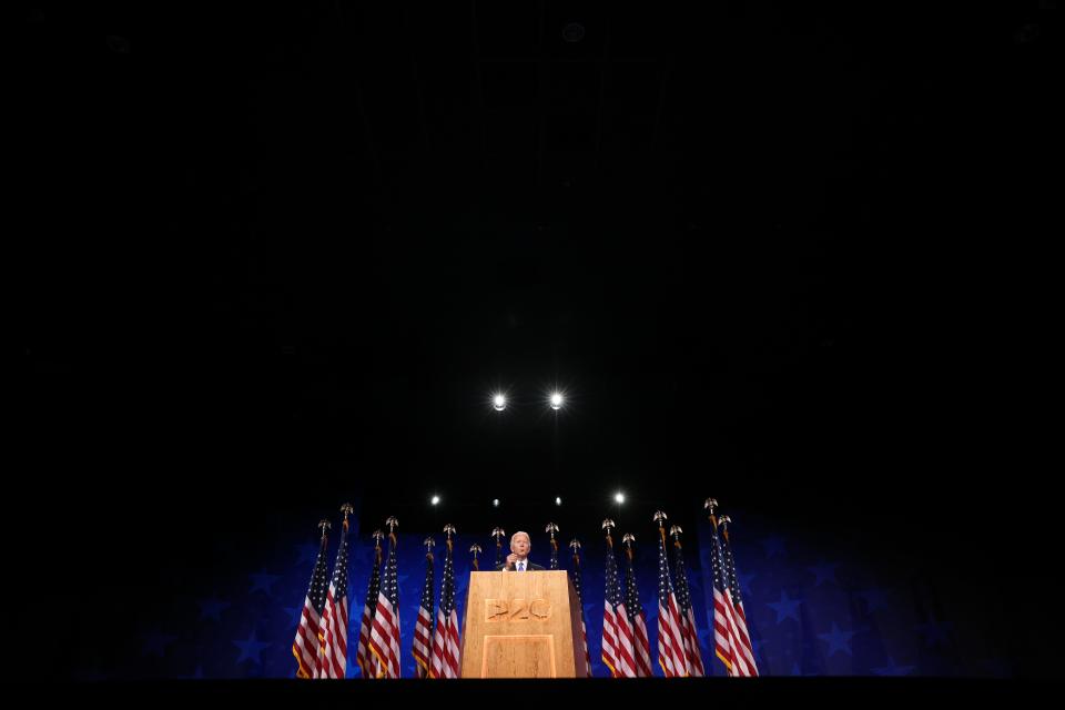 Democratic presidential nominee Joe Biden delivers his acceptance speech on the fourth night of the Democratic National Convention on August 20, 2020 in Delaware.