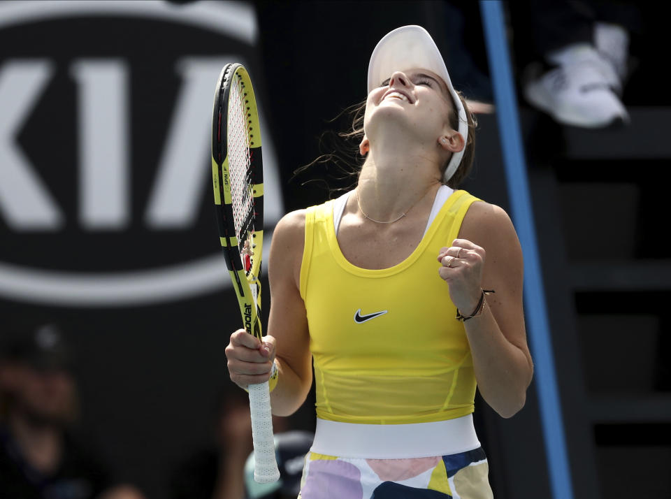 CiCi Bellis of the U.S. celebrates after defeating Karolina Muchova of the Czech Republic in their second round singles match at the Australian Open tennis championship in Melbourne, Australia, Thursday, Jan. 23, 2020. (AP Photo/Dita Alangkara)