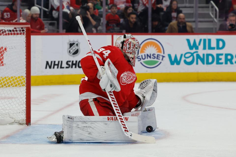 Detroit Red Wings goaltender Alex Lyon (34) makes a save in the first period against the Edmonton Oilers at Little Caesars Arena in Detroit on Thursday, Jan. 11, 2024.