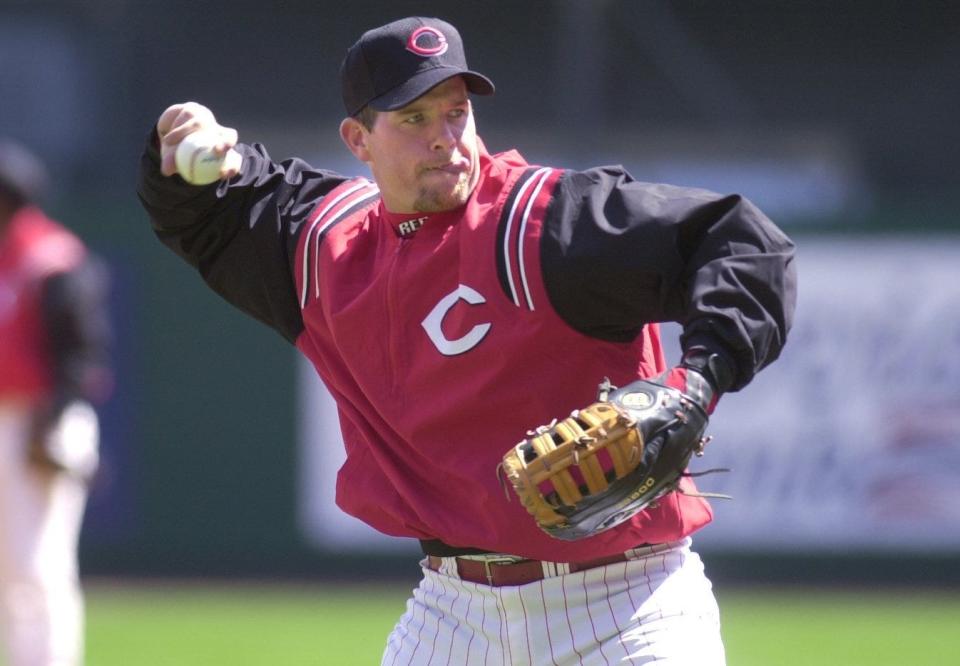 Sean Casey, during a workout prior to Opening Day in 2001, played for the Reds from 1998-2005 and is a member of the Reds Hall of Fame.