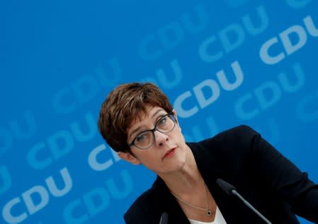 CDU Chairwoman Kramp-Karrenbauer addresses a news conference at party headquarters in Berlin
