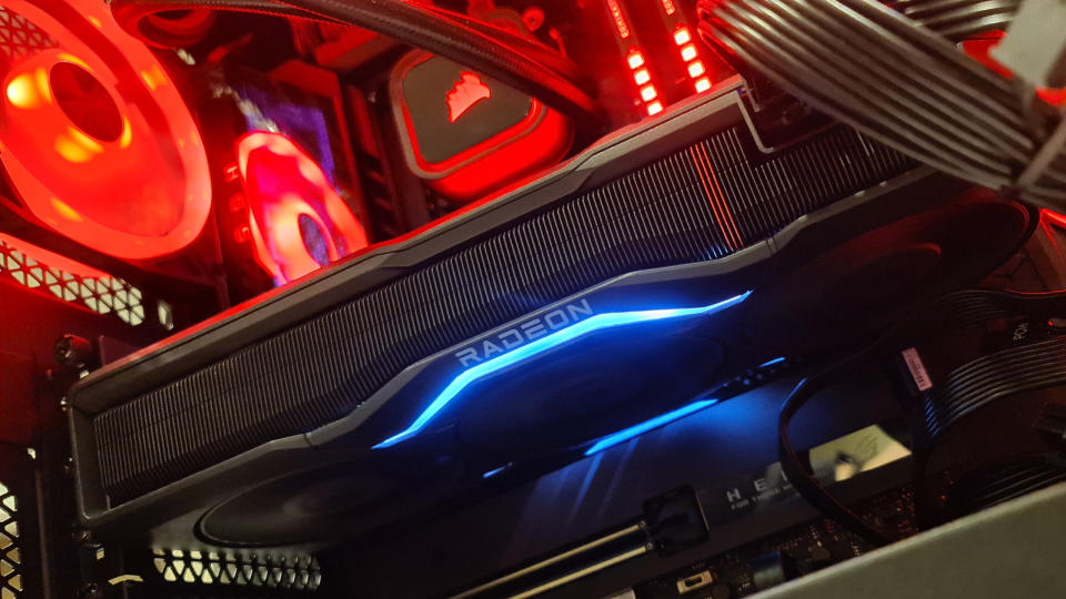     RX 7900 XTX in a red backlit gaming PC. 