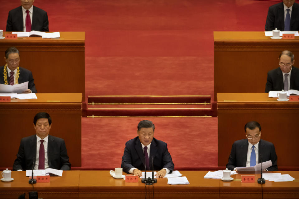 Chinese President Xi Jinping speaks during an event to honor some of those involved in China's fight against COVID-19 at the Great Hall of the People in Beijing, Tuesday, Sept. 8, 2020. Chinese leader Xi Jinping is praising China's role in battling the global coronavirus pandemic and expressing support for the U.N.'s World Health Organization, in a repudiation of U.S. criticism and a bid to rally domestic support for Communist Party leadership. (AP Photo/Mark Schiefelbein)