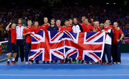 Tennis - Great Britain v Australia - Davis Cup Semi Final - Emirates Arena, Glasgow, Scotland - 20/9/15 Men's Singles - The Great Britain team celebrate reaching the Davis Cup Final Action Images via Reuters / Jason Cairnduff Livepic