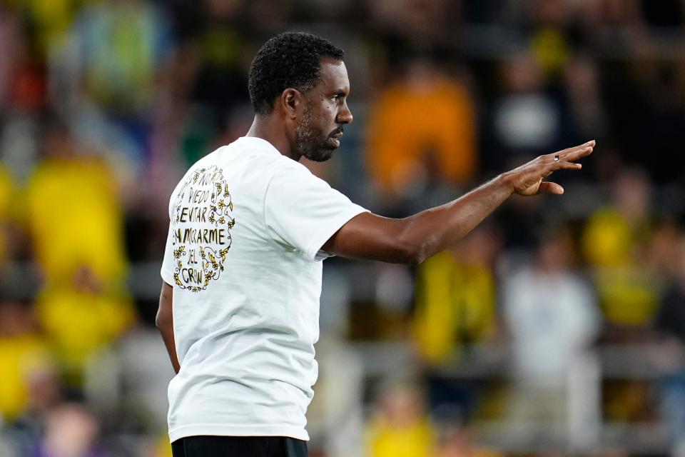 Sep 20, 2023; Columbus, Ohio, USA; Columbus Crew head coach Wilfried Nancy motions during the second half of the MLS soccer game against the Chicago Fire at Lower.com Field. The Crew won 3-0.
