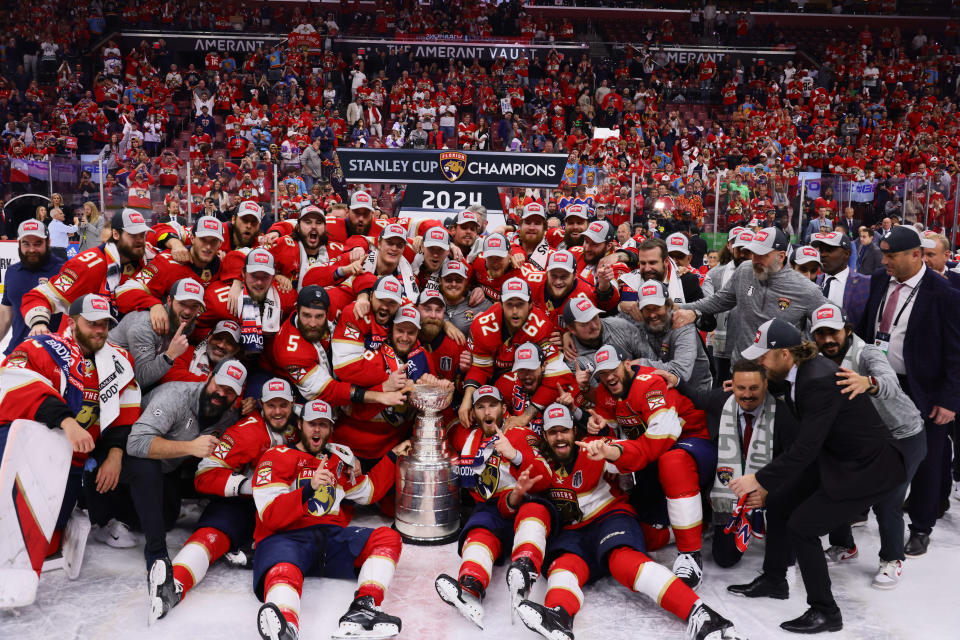 Jun 24, 2024; Sunrise, Florida, USA; The Florida Panthers celebrate wininng the Stanley Cup against the Edmonton Oilers in game seven of the 2024 Stanley Cup Final at Amerant Bank Arena. Mandatory Credit: Jim Rassol-USA TODAY Sports