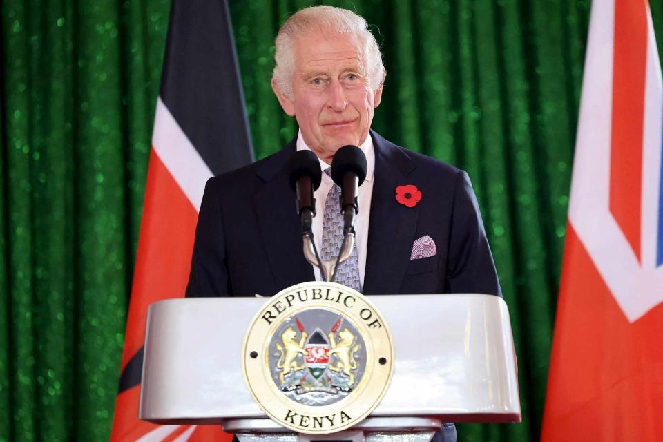 <p>CHRIS JACKSON/POOL/AFP via Getty</p> King Charles speaks in Kenya on Oct. 31, 2023