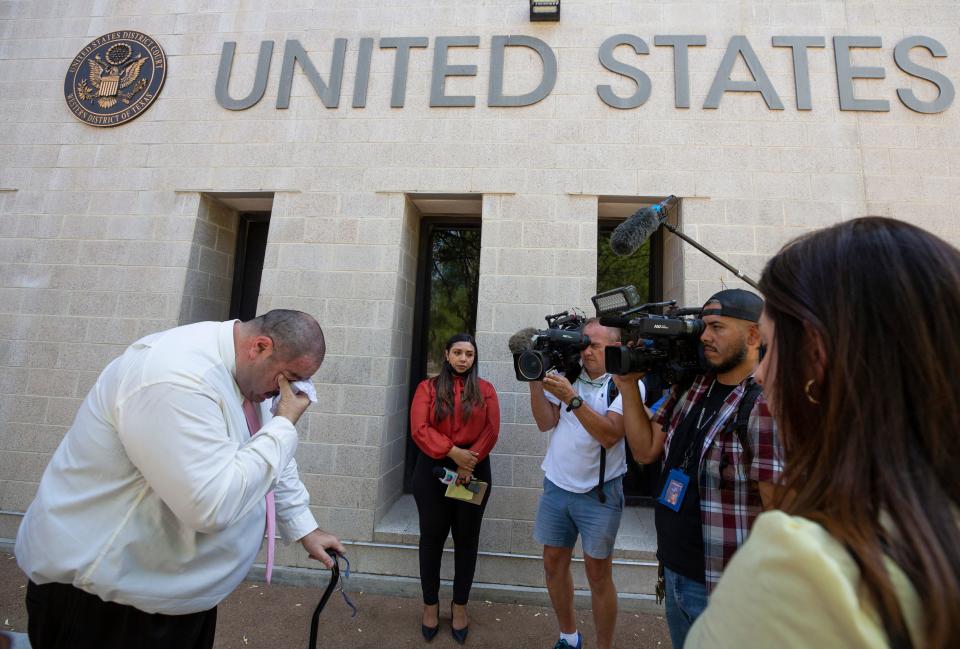 Paul Jamrowski, the father of Jordan Anchondo and father-in-law of Andre Anchondo, cries as he talks about his loved ones who were killed by the Walmart shooter on Aug. 3, 2019 outside the Albert Armendariz Sr. Federal Courthouse in El Paso, Texas, on July 5, 2023.