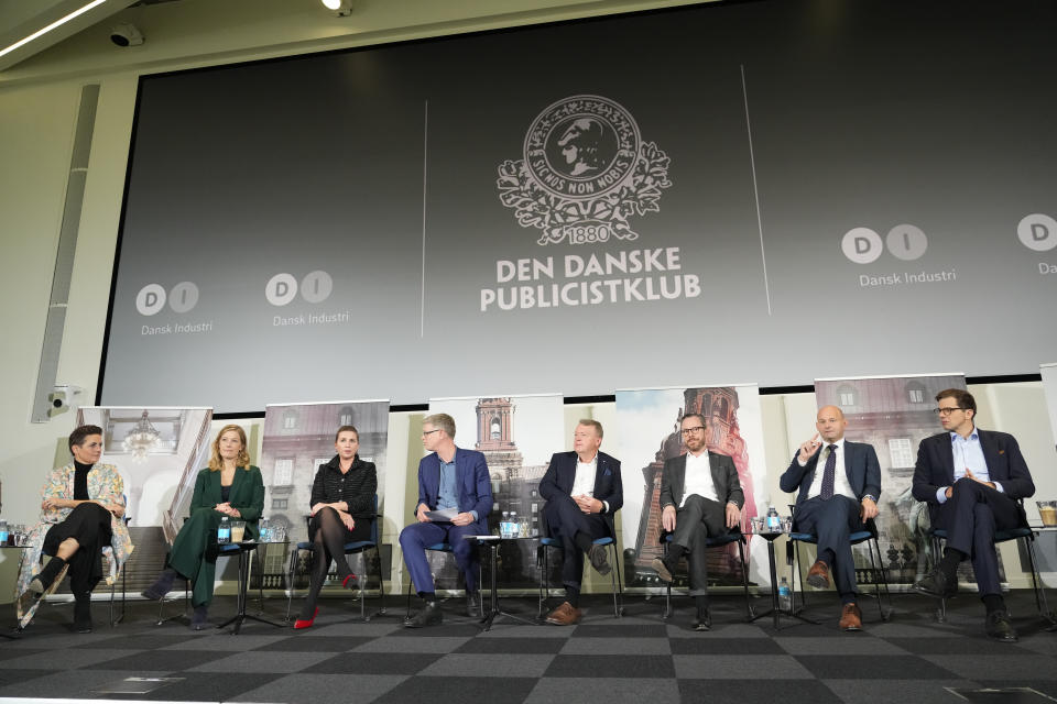 Participants including Denmark's Prime Minister and head of the Social Democratic Party Mette Frederiksen, third from left, attend the traditional post-election debates in Copenhagen, Denmark, Wednesday, Nov. 2, 2022. Voters in Greenland secured the last two seats necessary for the center-left bloc of Prime Minister Mette Frederiksen to win Denmark's general election. (AP Photo/Sergei Grits)