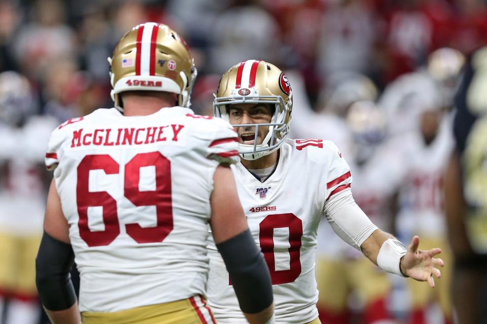 Longtime 49ers teammates Jimmy Garoppolo (10) and Mike McGlinchey could find themselves on new teams in 2023.