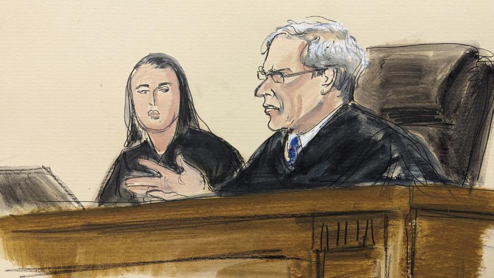 In this courtroom sketch, Judge Arthur Engoron, right, and principal law clerk Allison Greenfield listen to closing arguments in the civil business fraud trial against the Trump Organization at New York Supreme Court, Thursday, Jan. 11, 2024, in New York. (Elizabeth Williams via AP)