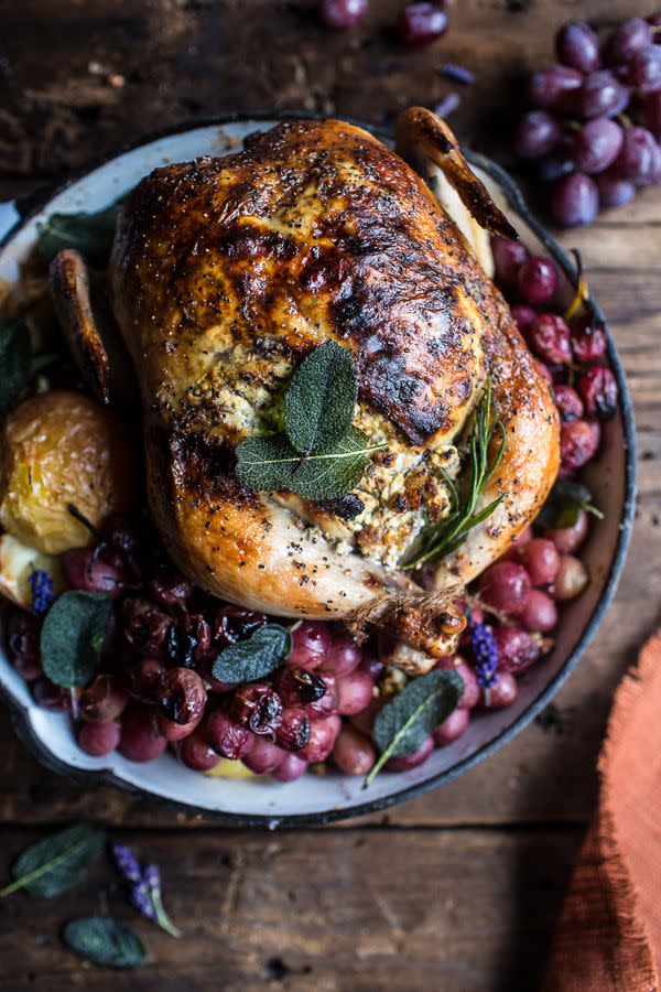 Cider-Roasted Chicken with Walnut Goat Cheese and Grapes