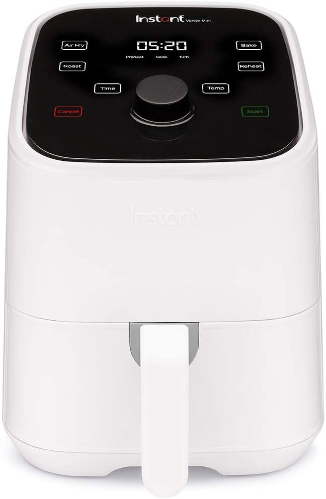 a white with black top Instant Pot Vortex Mini Air Fryer, $79 against a white background.