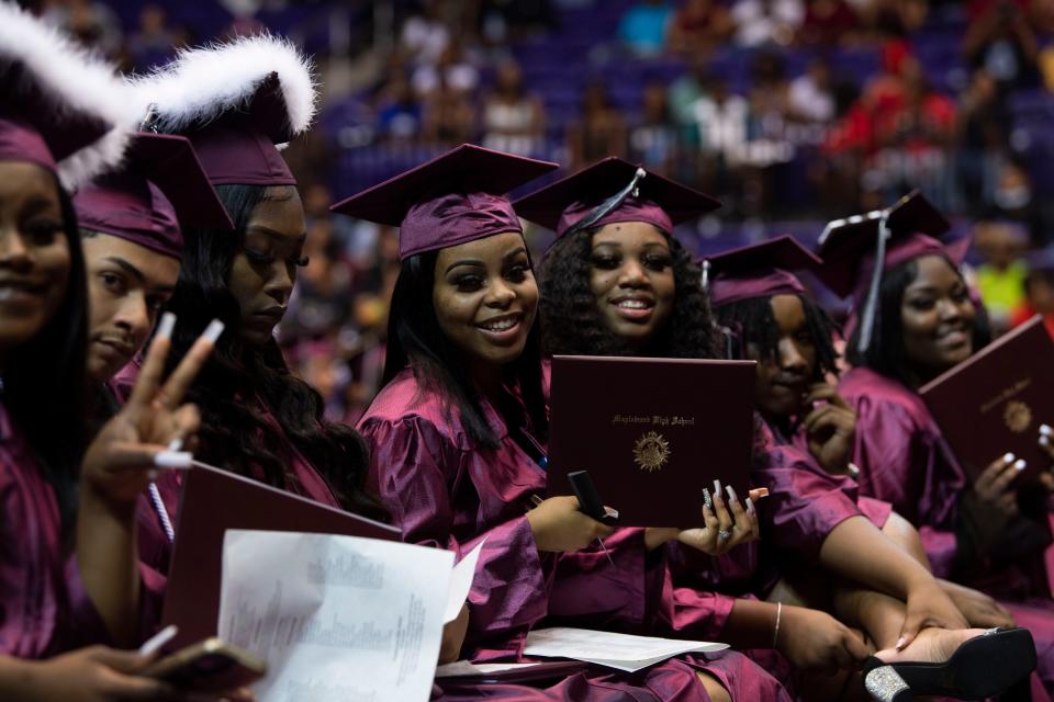 Graduates sit during the Maplewood High School graduation ceremony at Lipscomb University Allen Arena, in Nashville, Tenn., Tuesday, May 24, 2022.