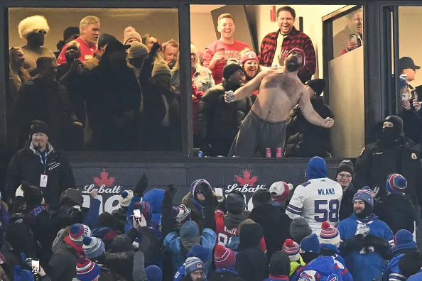 ORCHARD PARK, NY - JANUARY 21: Jason Kelce #62 of the Philadelphia Eagles celebrates after the Kansas City Chiefs score a touchdown during the first half of the AFC Divisional Playoff game against the Buffalo Bills at Highmark Stadium on January 21, 2024 in Orchard Park, New York. (Photo by Kathryn Riley/Getty Images)