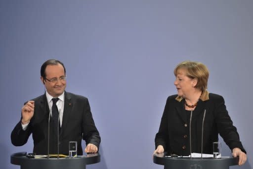 La canciller alemana Angela Merkel anunció el martes en Berlín que Alemania y Francia harán propuestas comunes "antes de mayo" para reforzar la cooperación económica y monetaria en Europa. (AFP | bertrand langlois)