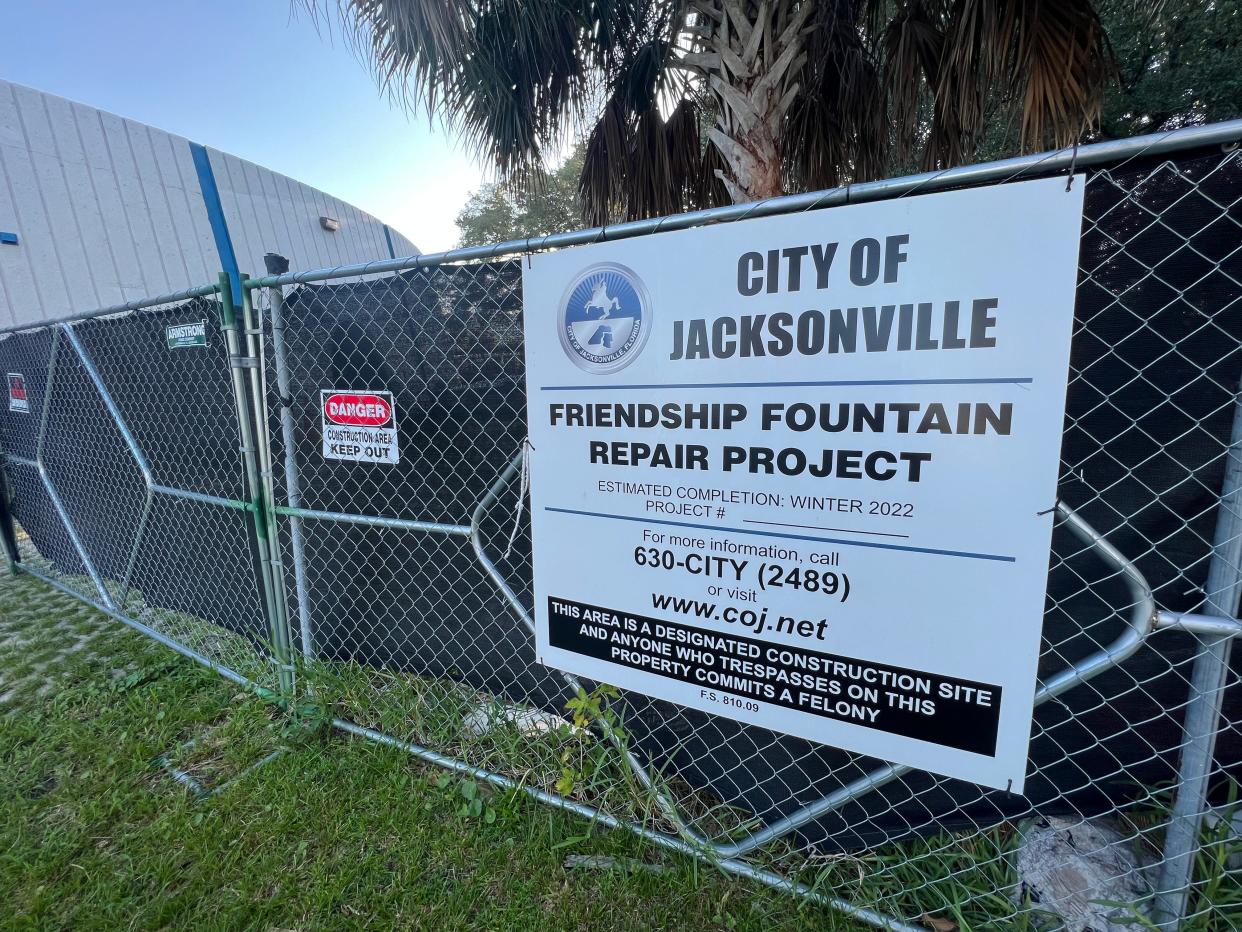 A City of Jacksonville sign on the fencing around Friendship Fountain lists the estimated completion of the repair project as winter 2022. As of August 2023, the fences are still up and the fountain remains closed.