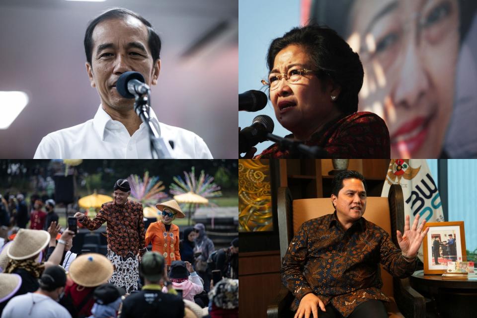 Clockwise: Indonesian President Joko Widodo; Megawati Sukarnoputri, the influential daughter of Indonesia's founding president Sukarno; PSSI chairman Erick Thohir; and presidential candidate Governor Ganjar Pranowo.<span class="copyright">Getty Images (Photographers: Andrew Gal/NurPhoto, Ulet Ifansasti, Robertus Pudyanto, Dimas Ardian/Bloomberg)</span>