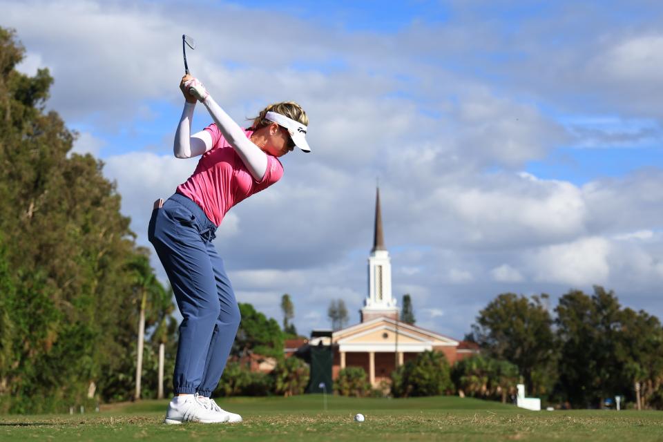 Paula Creamer plays her shot from the 11th tee during the first round of the LPGA Drive On Championship at Bradenton Country Club on January 25, 2024 in Bradenton