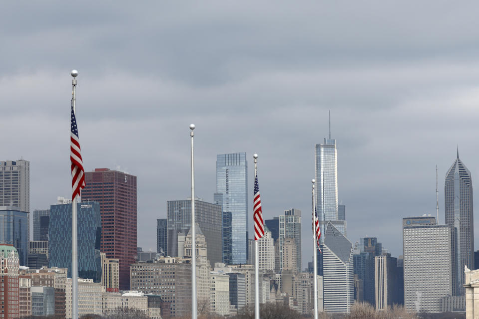 FILE - Chicago's skyline is seen from Soldier Field before an NFL football game between the Chicago Bears and the Minnesota Vikings, Sunday, Jan. 8, 2023, in Chicago. The failure of several large lenders in early 2023 and the banking turmoil that followed have fueled worries for owners of office space. (AP Photo/Kamil Krzaczynski, File)