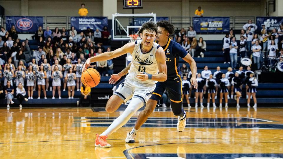 Monmouth's Jack Collins drives against Drexel on Feb. 1, 2024 in West Long Branch, N.J.