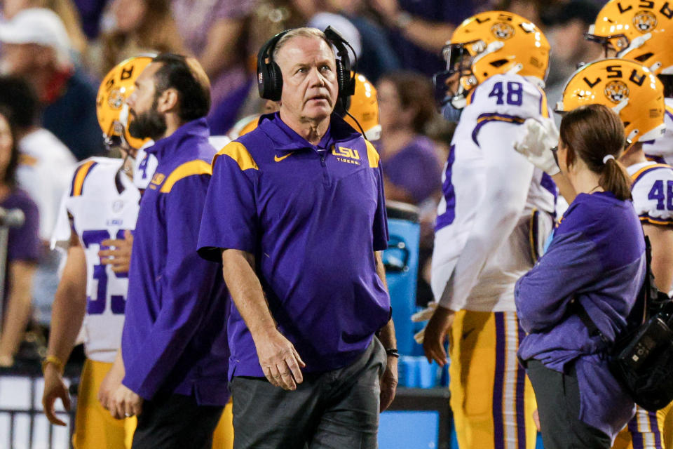 Nov 5, 2022; Baton Rouge, Louisiana, USA; LSU Tigers head coach Brian Kelly looks on against the Alabama Crimson Tide during the second half at Tiger Stadium. Mandatory Credit: Stephen Lew-USA TODAY Sports