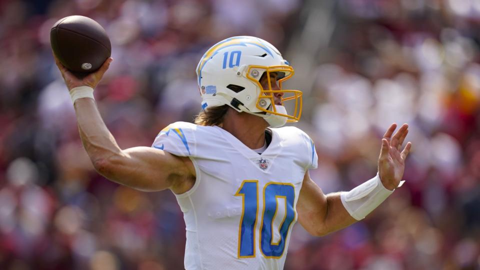 Chargers quarterback Justin Herbert passes against the Washington Football Team.