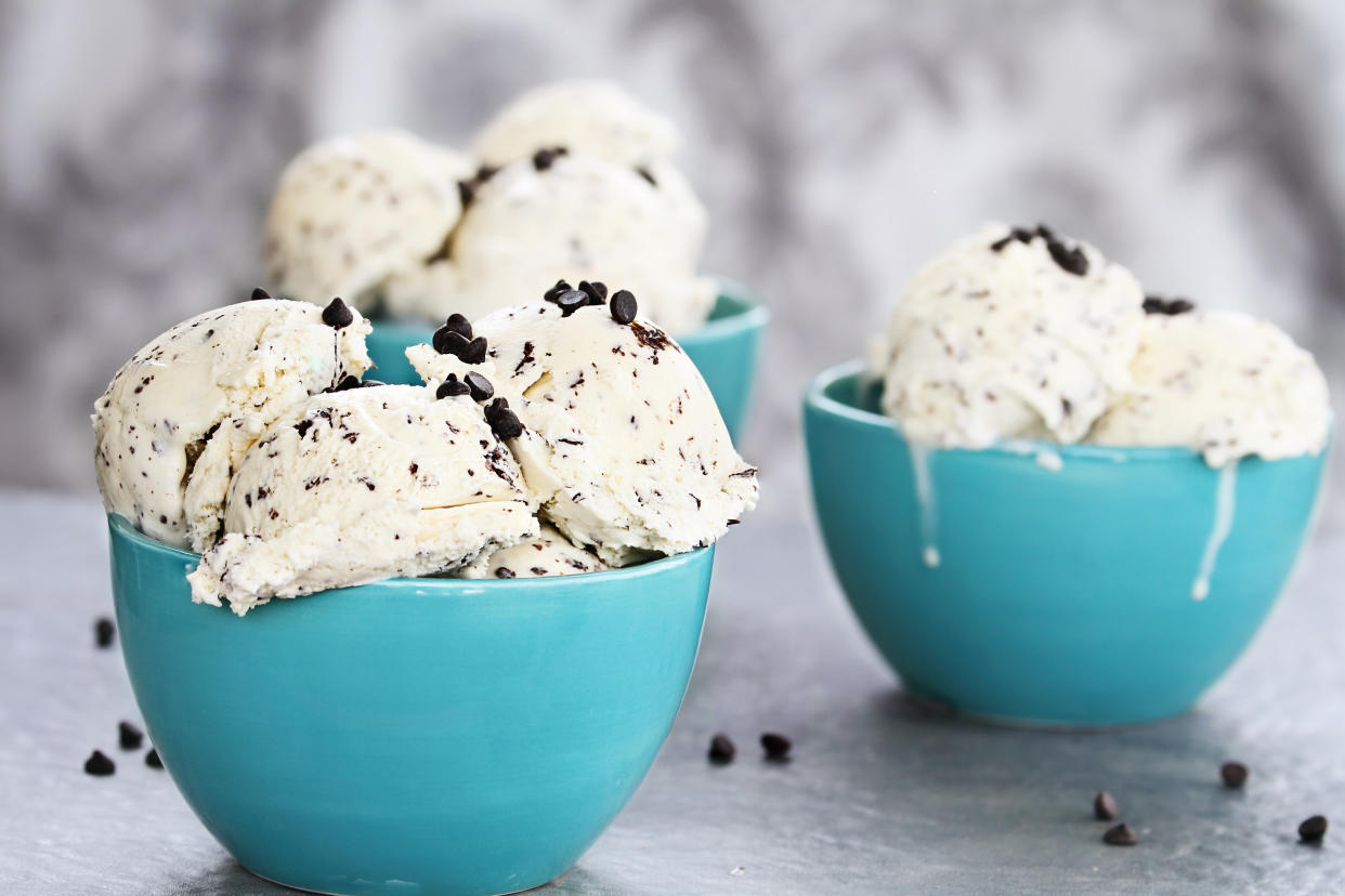 Three bowls of chocolate chip ice cream with a shallow depth of field