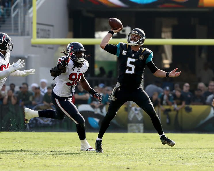 The Blake Bortles carnival of turnovers is headed to Houston. (Photo by Sam Greenwood/Getty Images)