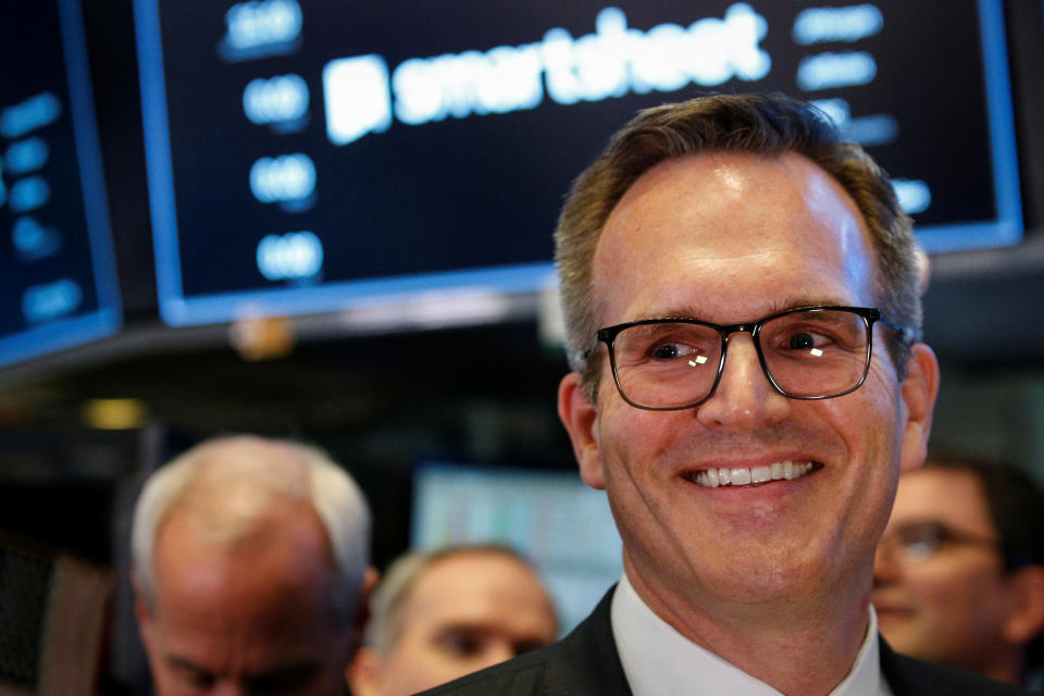 Smartsheet Inc. President and CEO Mark Mader attends his company's IPO on the floor of the New York Stock Exchange (NYSE) in New York, U.S., April 27, 2018. REUTERS/Brendan McDermid