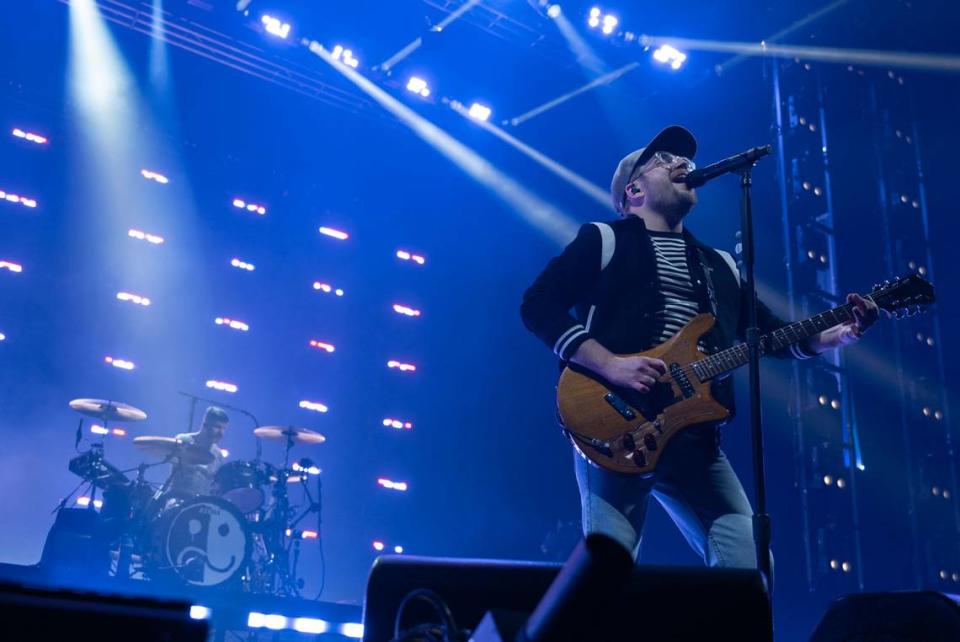 Fall Out Boy guitarist and vocalist Patrick Stump and drummer Andy Hurley play during the group’s concert on Sunday at Golden 1 Center.