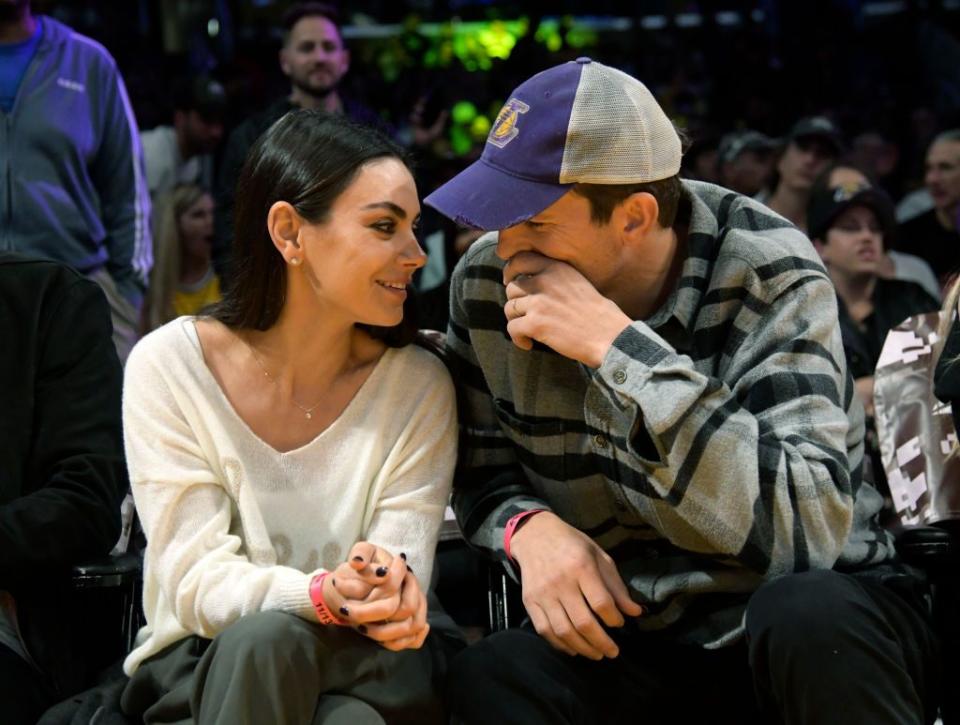 los angeles, ca   november 13 mila kunis and ashton kutcher attend a basketball between the los angeles lakers and the brooklyn nets at cryptocom arena on november 13, 2022 in los angeles, california note to user user expressly acknowledges and agrees that, by downloading and or using this photograph, user is consenting to the terms and conditions of the getty images license agreement photo by kevork djanseziangetty images