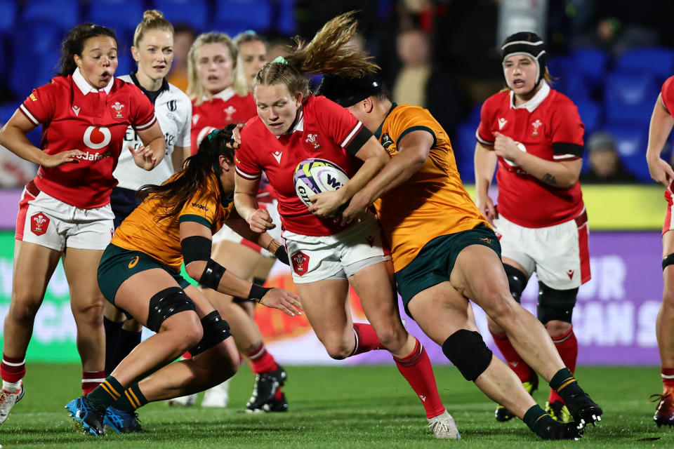 Carys Cox of Wales during the WXV1 rugby match between Australia and Wales 